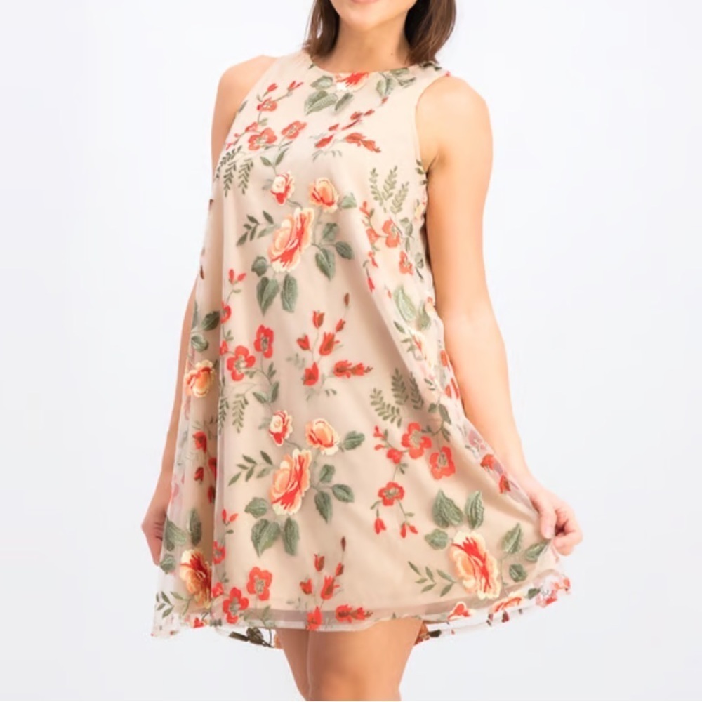 Beige by Eci Tan and Red Embroidered Floral Swing Dress Large - Picture 1 of 12